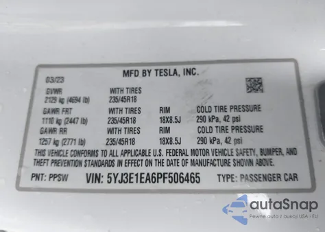 2023 Tesla Model 3 Rear-Wheel Drive from USA, damaged, VIN 5YJ3E1EA6PF506465